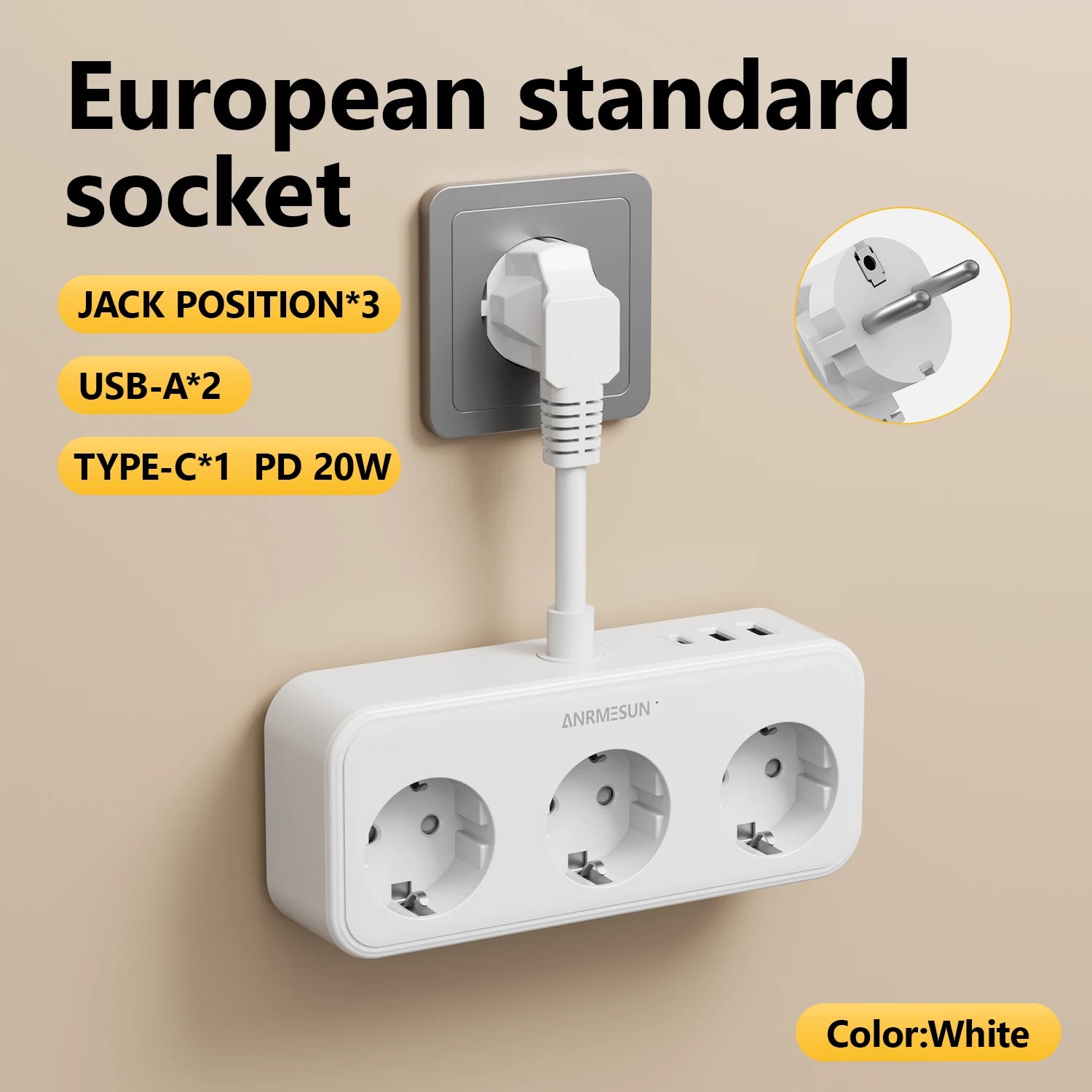Bloc multiprise 3840W — 4 prises AC + 3 ports USB dont USB-C PD 20W