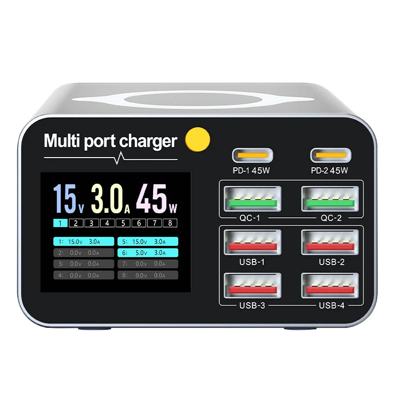 Station de Charge HUB Rapide 80W 8 Ports USB & USB-C - Charge à Induction et Affichage Numérique