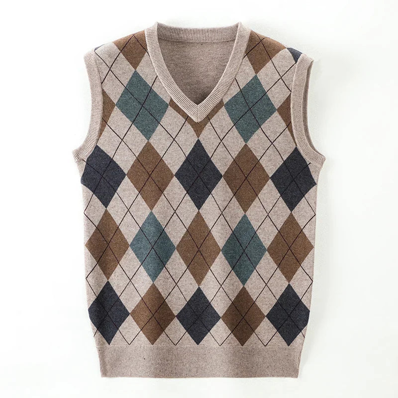 Pull sans manche col V à motif carreaux
