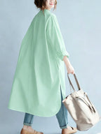 Robe Chemise Longue Oversize Mélange de Coton – Col Mao, Coupe Ample et Ourlet Incurvé