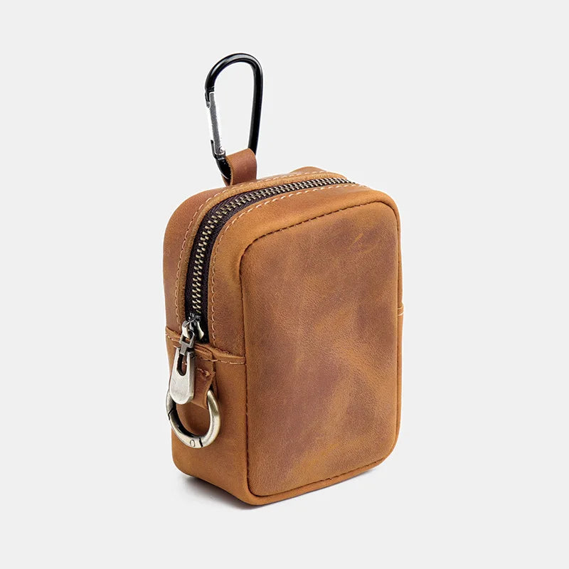 Mini Pochette Porte-Clés Homme en Cuir – Fermeture Éclair avec Crochet – Pour Monnaie, Clés & Petits Objets