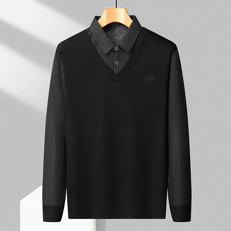 Pull 2 en 1 avec Chemise à Rayures Doublure Polaire