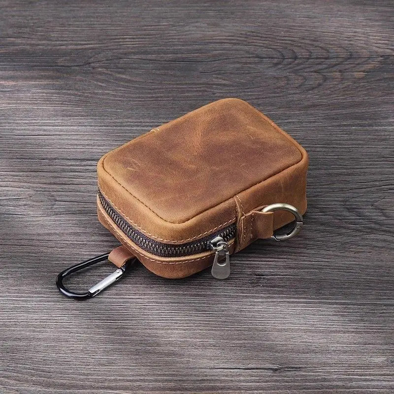 Mini Pochette Porte-Clés Homme en Cuir – Fermeture Éclair avec Crochet – Pour Monnaie, Clés & Petits Objets