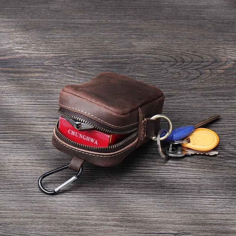 Mini Pochette Porte-Clés Homme en Cuir – Fermeture Éclair avec Crochet – Pour Monnaie, Clés & Petits Objets