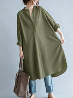 Robe Chemise Longue Oversize Mélange de Coton – Col Mao, Coupe Ample et Ourlet Incurvé