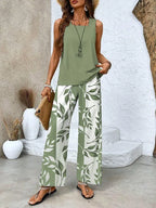 Ensemble Femme 2 Pièces Fluide – Débardeur Sans Manches et Pantalon Large à Imprimé Feuilles
