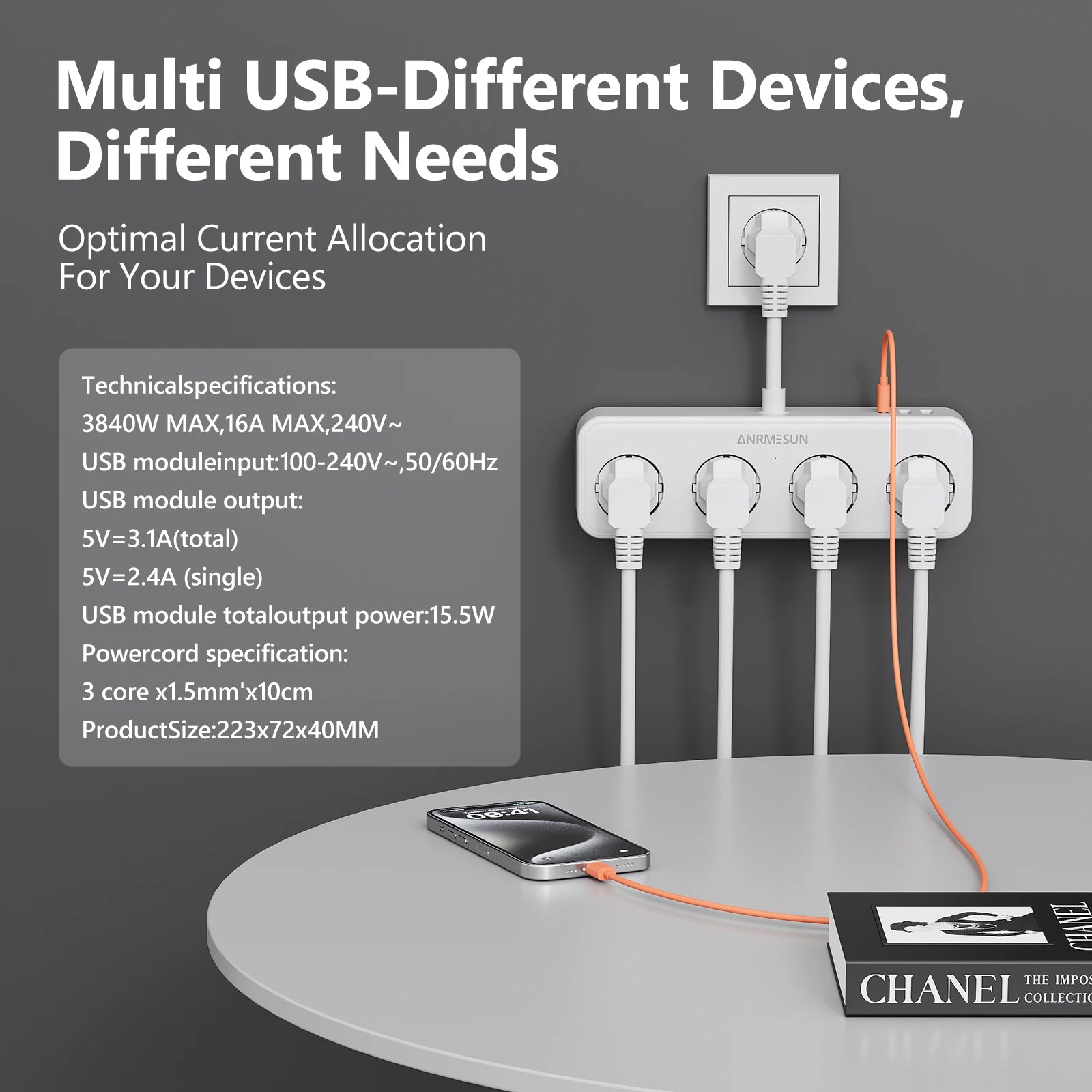 Bloc multiprise 3840W — 4 prises AC + 3 ports USB dont USB-C PD 20W