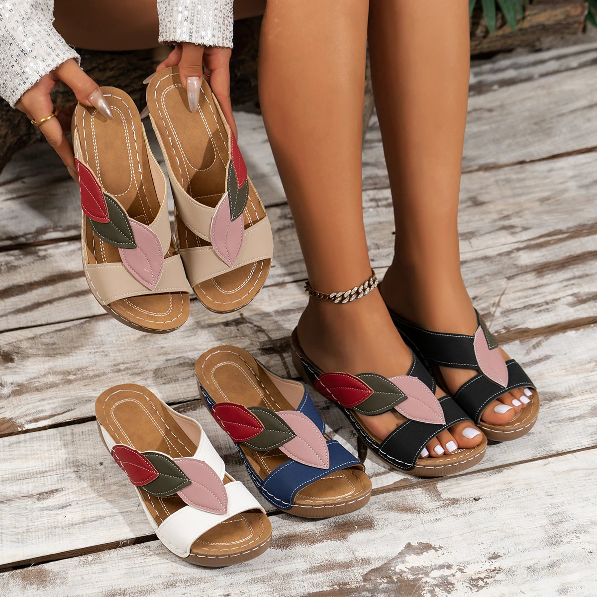 Leafy - Sandales en Cuir PU avec Feuilles Confortables & Antidérapantes