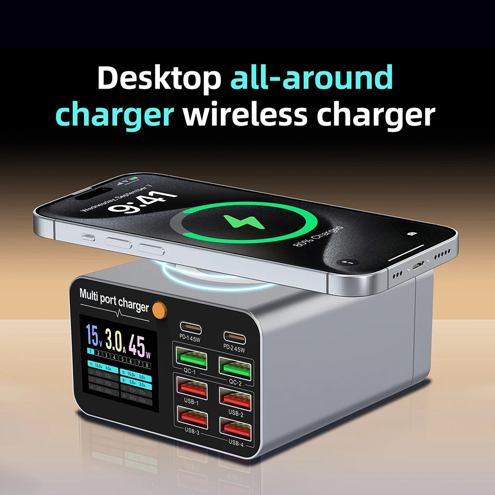 Station de Charge HUB Rapide 80W 8 Ports USB & USB-C - Charge à Induction et Affichage Numérique