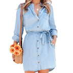 Robe courte en denim à manches longues et ceinture