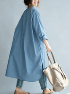 Robe Chemise Longue Oversize Mélange de Coton – Col Mao, Coupe Ample et Ourlet Incurvé