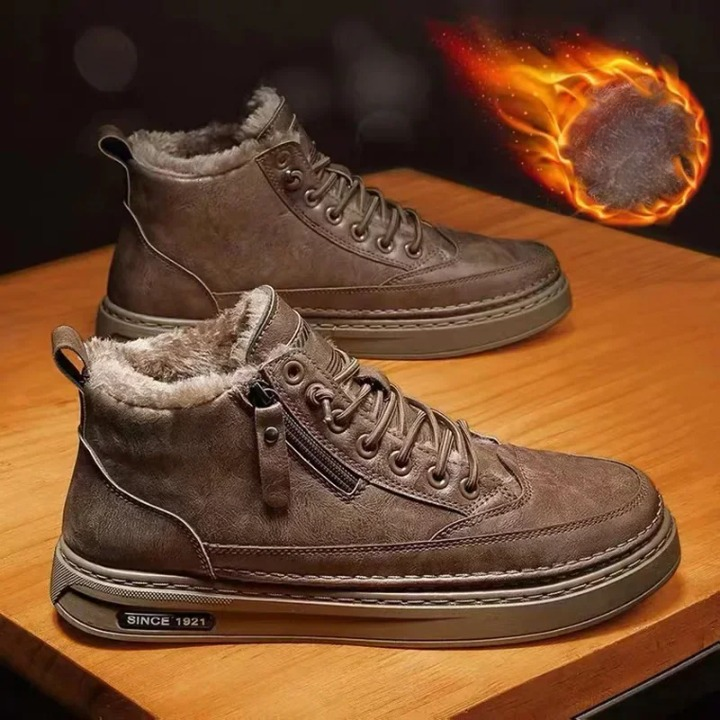 Leather High-Top Sneakers with Fur Lining and Zipper