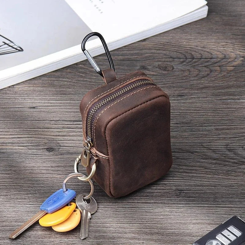 Mini Pochette Porte-Clés Homme en Cuir – Fermeture Éclair avec Crochet – Pour Monnaie, Clés & Petits Objets
