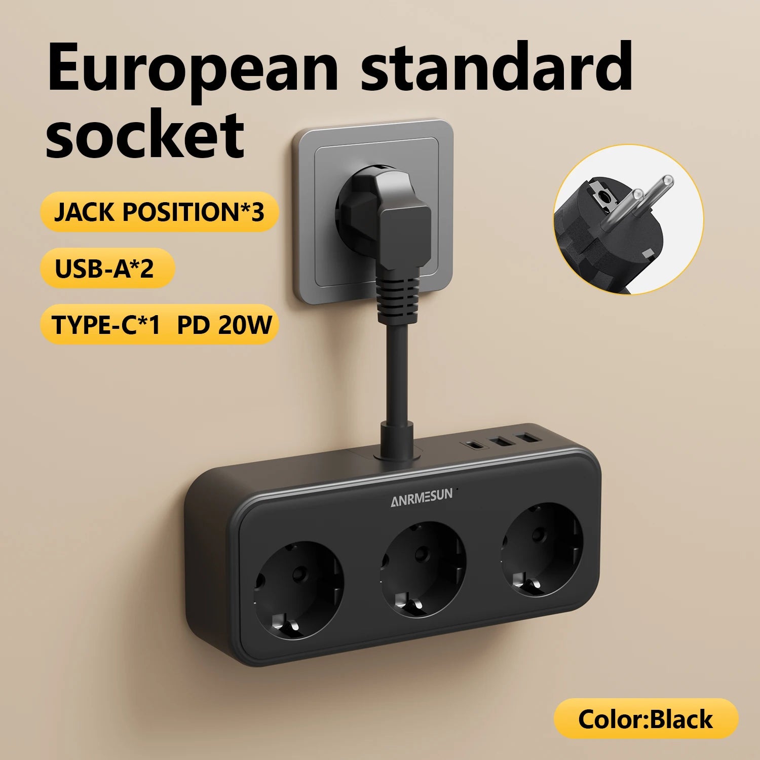 Bloc multiprise 3840W — 4 prises AC + 3 ports USB dont USB-C PD 20W